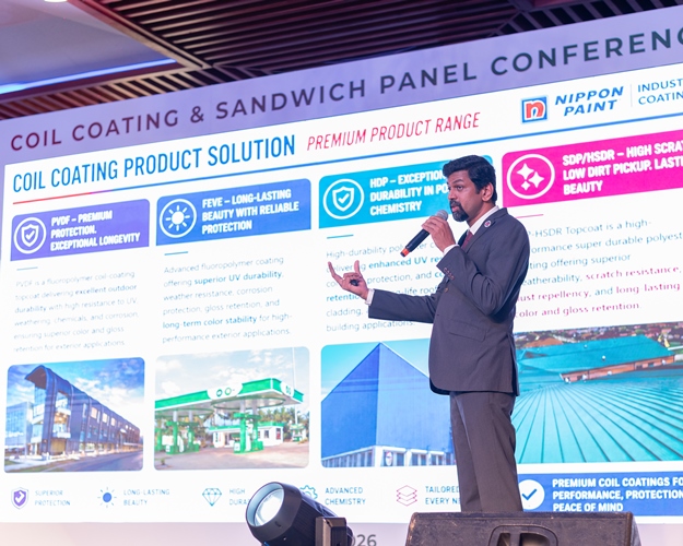 Mr Subash Gaijes Selvaraj, President – Industrial Coating, Nippon Paint India, addressin audience @ Coil Coating & Sandwich Panel Conference 2026